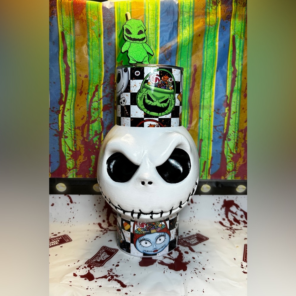 Jack Skellington  Tumbler With REMOVABLE 3D Head Tumbler Sleeve And Straw Topper